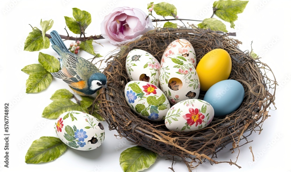  a bird is sitting on a nest with painted eggs and flowers on it, and a flowered branch with leaves 