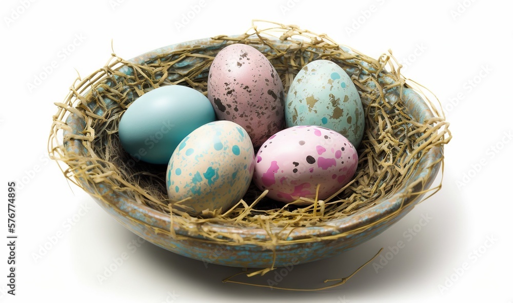  a basket filled with eggs sitting on top of a white tablecloth covered table top next to a pile of 