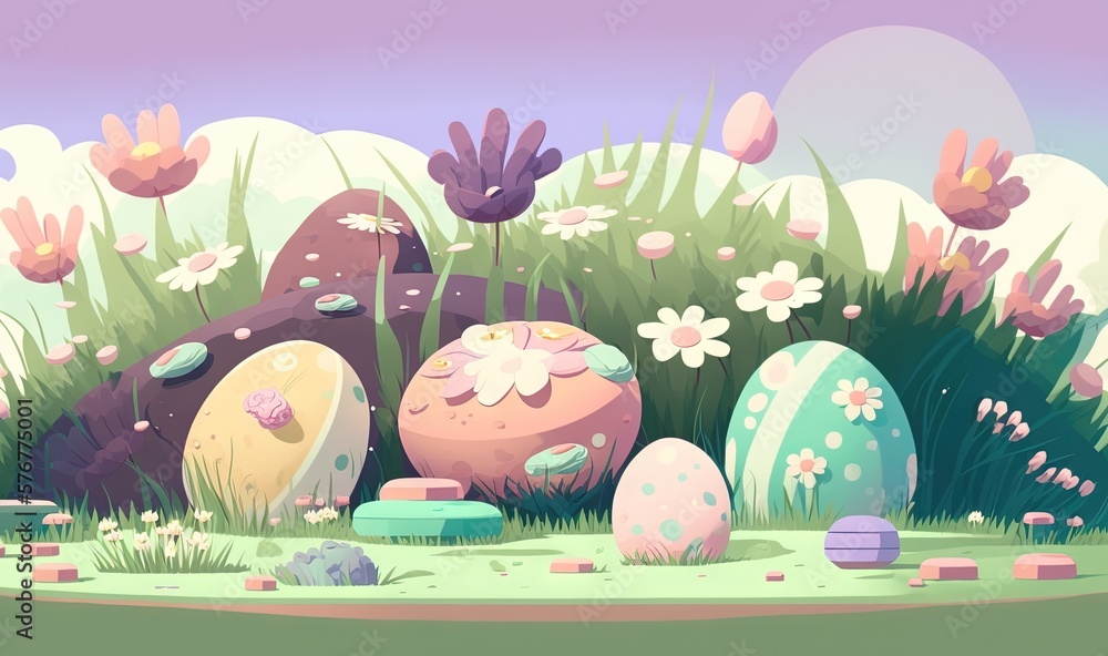  a bunch of eggs sitting in the grass near some rocks and flowers on a sunny day with a purple sky i