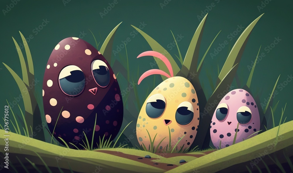  a group of three eggs sitting on top of a grass covered field next to each other on top of a green 