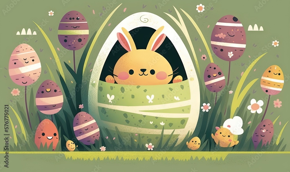  a bunny in an egg surrounded by easter eggs and chicks in a field of grass with flowers and daisies