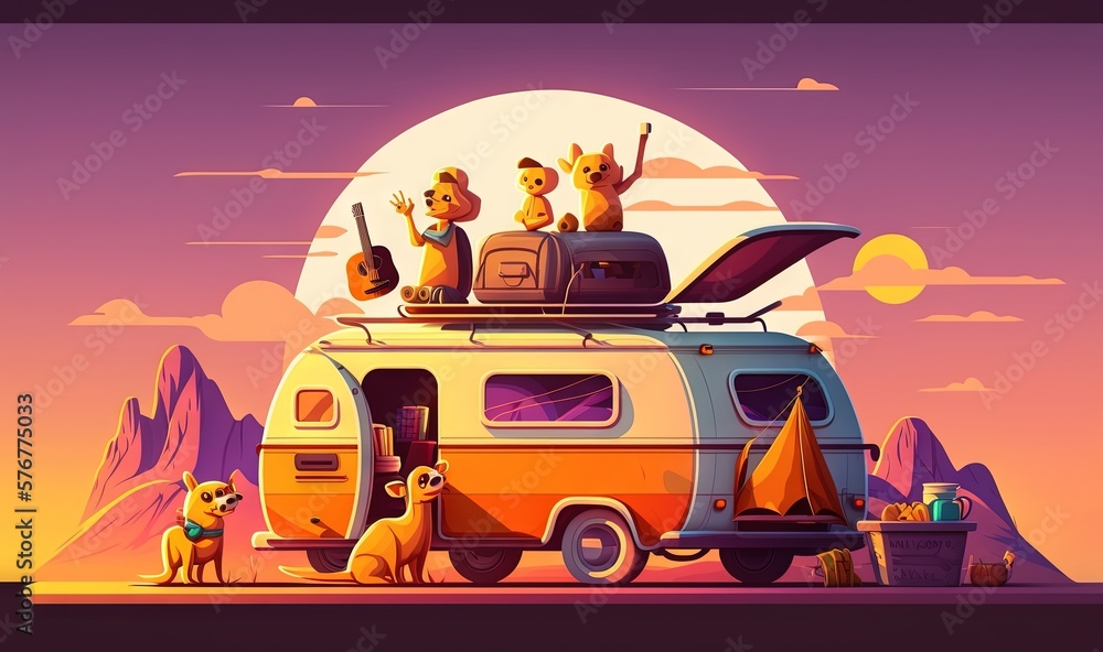  a camper van with dogs on top of it and a camper van with a camper on top of it and a tent on the r