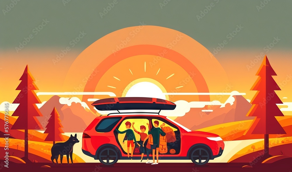  a red car with people in it parked in front of a forest with a mountain and sun in the background a