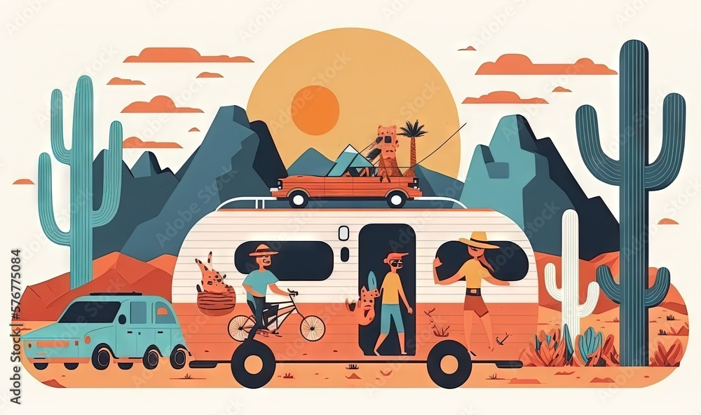  a man riding a bike next to a car and a van on a desert road with a cactus and mountains in the bac