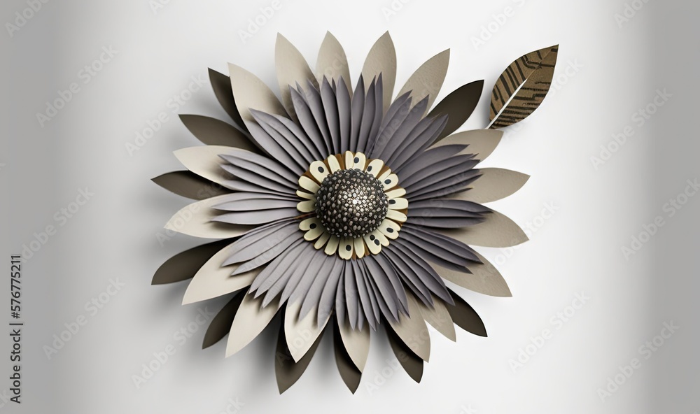  a paper sculpture of a flower with leaves on its petals and a feather on the center of the flower,