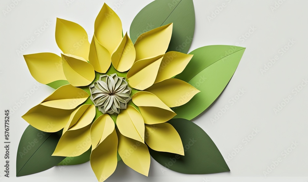  a paper flower with green leaves on a white background with space for text on the center of the flo