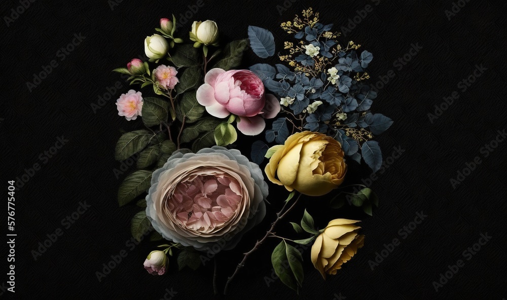  a bunch of flowers that are sitting on a black surface with leaves and flowers in the middle of the