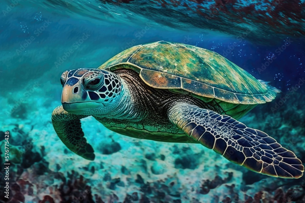 Snuggling sea turtle in the clear blue water of the tropics. Images of a green sea turtle taken whil