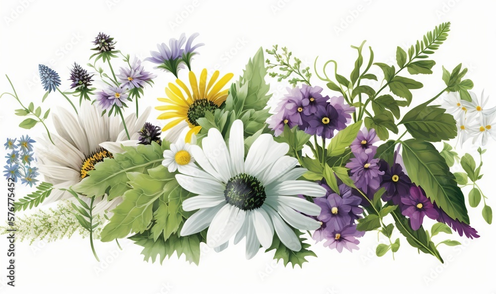  a bunch of flowers that are on a white surface with green leaves and purple and yellow flowers in t