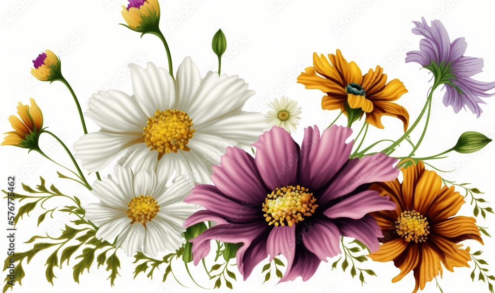  a bunch of different colored flowers on a white background with green leaves and stems in the cente