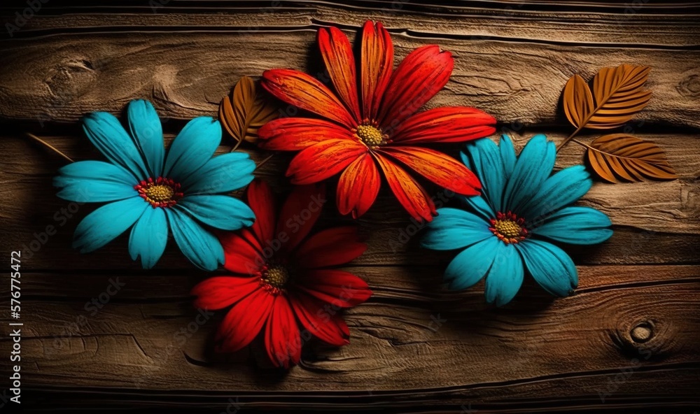  a group of colorful flowers sitting on top of a wooden table next to a wooden planked wall with lea