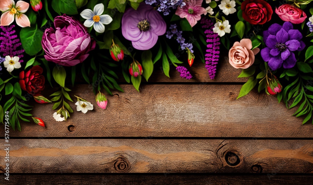  a bunch of flowers that are on a wooden surface with a wood plank in the middle of the picture and 