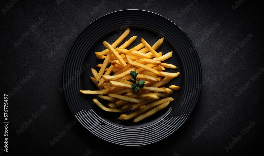  a plate of french fries on a black plate with a green leaf on top of the fries is on a black plate 