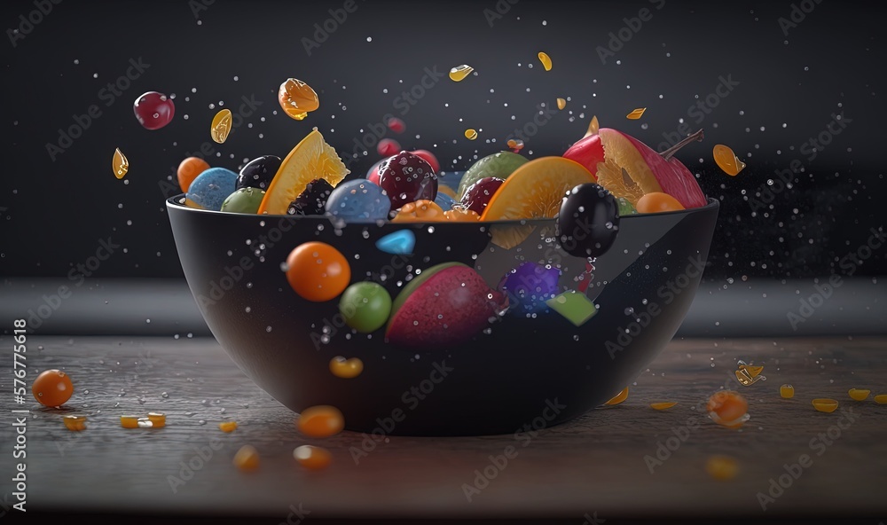  a black bowl filled with lots of different colored candies on top of a wooden table next to a black