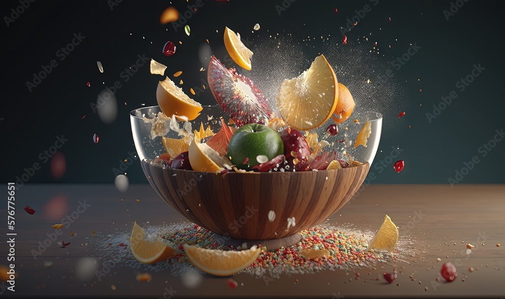  a wooden bowl filled with lots of fruit and sprinkled with confetti and sprinkles on top of a woode