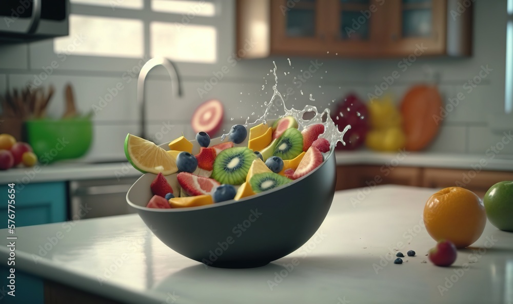  a bowl of fruit is being sprinkled with sugar on a kitchen counter top with other fruits and vegeta