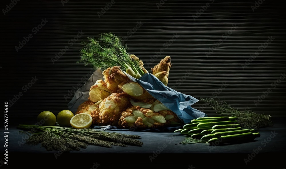  a pile of food sitting on top of a table next to a pile of lemons and a pile of asparagus next to i