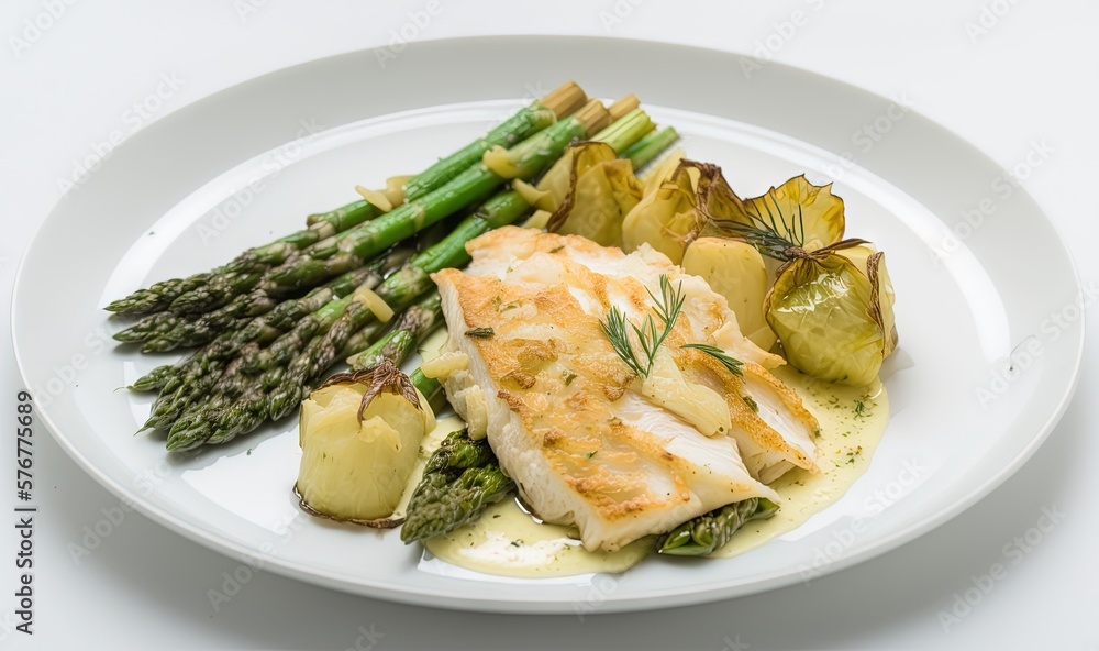  a white plate topped with fish and asparagus next to potatoes and broccoli on a white tablecloth wi