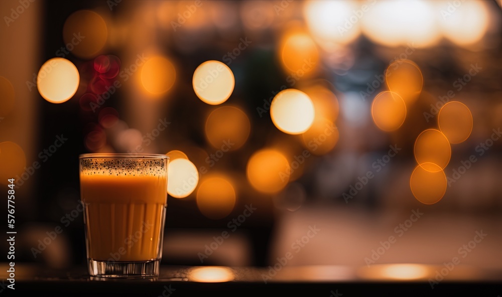  a glass of orange juice sitting on a table in front of a blurry background of boke of lights in a r