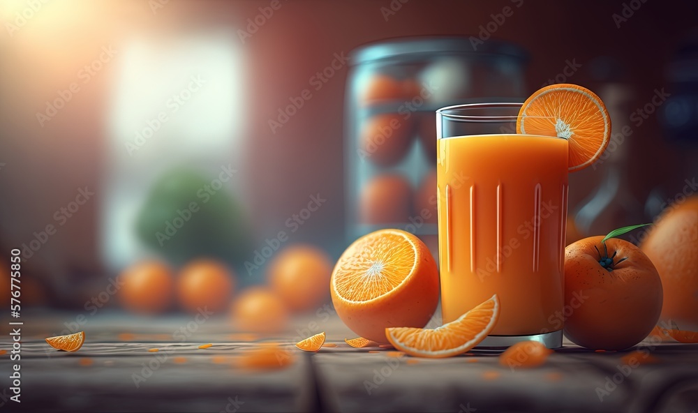  a glass of orange juice surrounded by oranges on a wooden table with a jar of oranges in the backgr