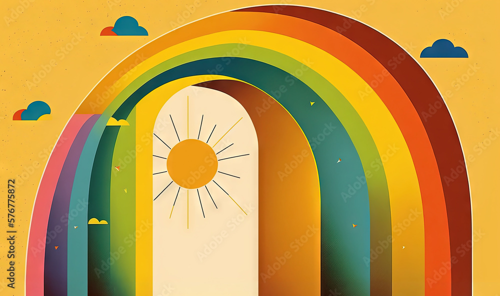  a poster of a rainbow with a sun in the middle of the rainbow and clouds in the sky above it and a 