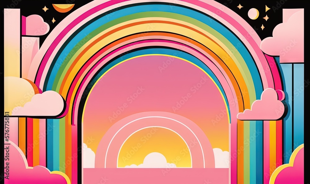  a poster of a rainbow with clouds and a rainbow in the sky with stars and a rainbow in the sky with