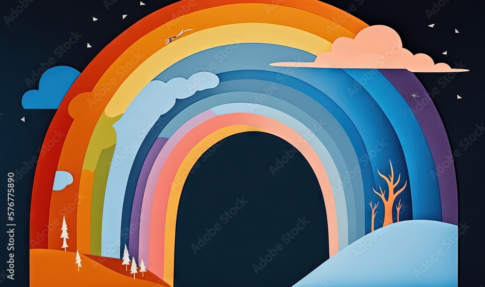  a colorful rainbow with trees and clouds in the background and a night sky with stars and clouds in