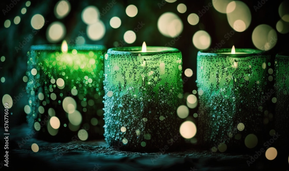  a group of green candles sitting on top of a table next to each other with a lot of lights in the b