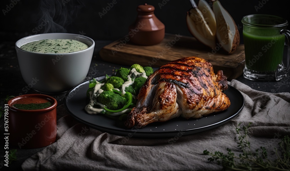  a plate of food with meat, vegetables and a cup of green tea on a table with a cloth and a cup of g