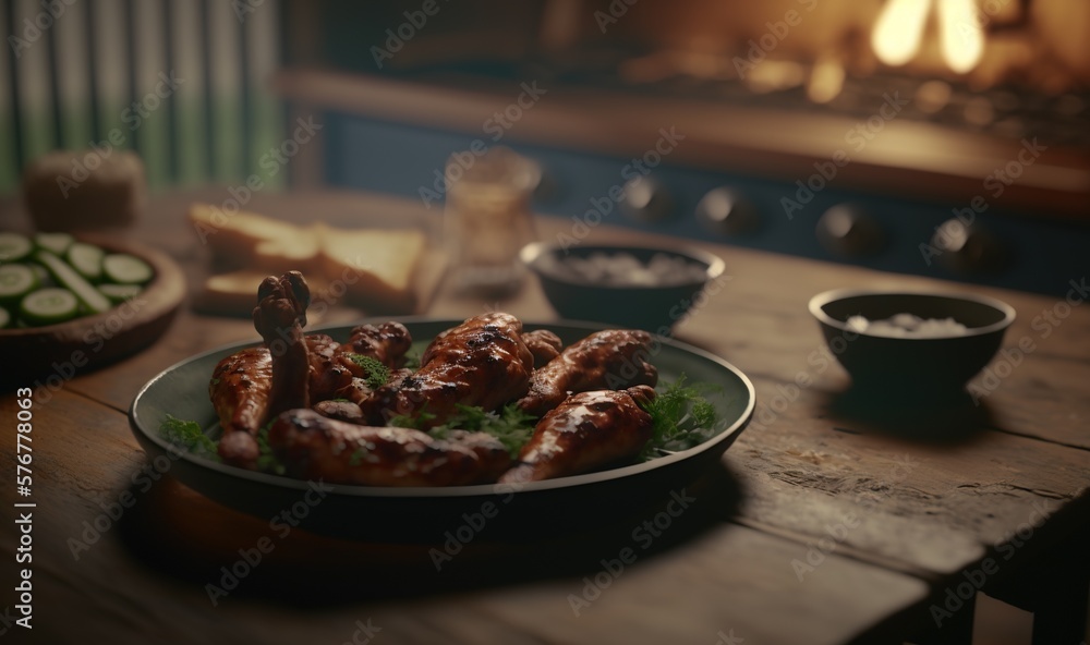  a plate of food sitting on a wooden table next to a bowl of bread and a plate of food on a plate on