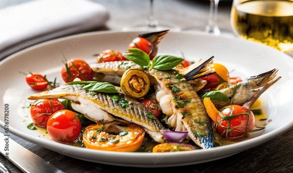  a white plate topped with fish and vegetables next to a glass of wine and a glass of wine on the si