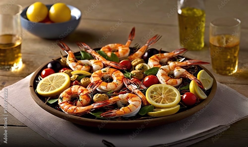  a plate of shrimp and lemons on a table with a glass of lemonade and a bowl of lemons on the side o