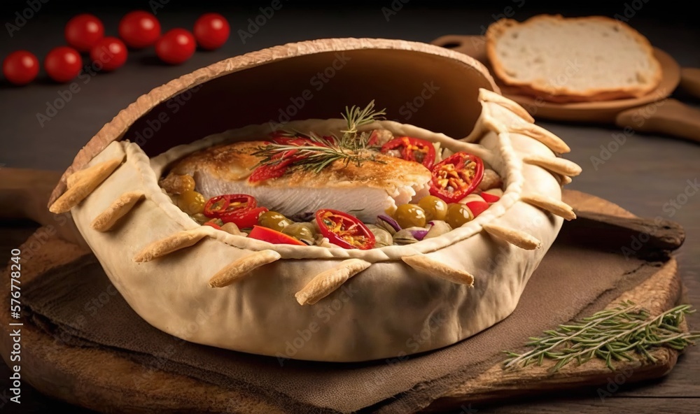  a fish in a pot with tomatoes and olives on a cutting board next to bread and breadcrumbs on a wood