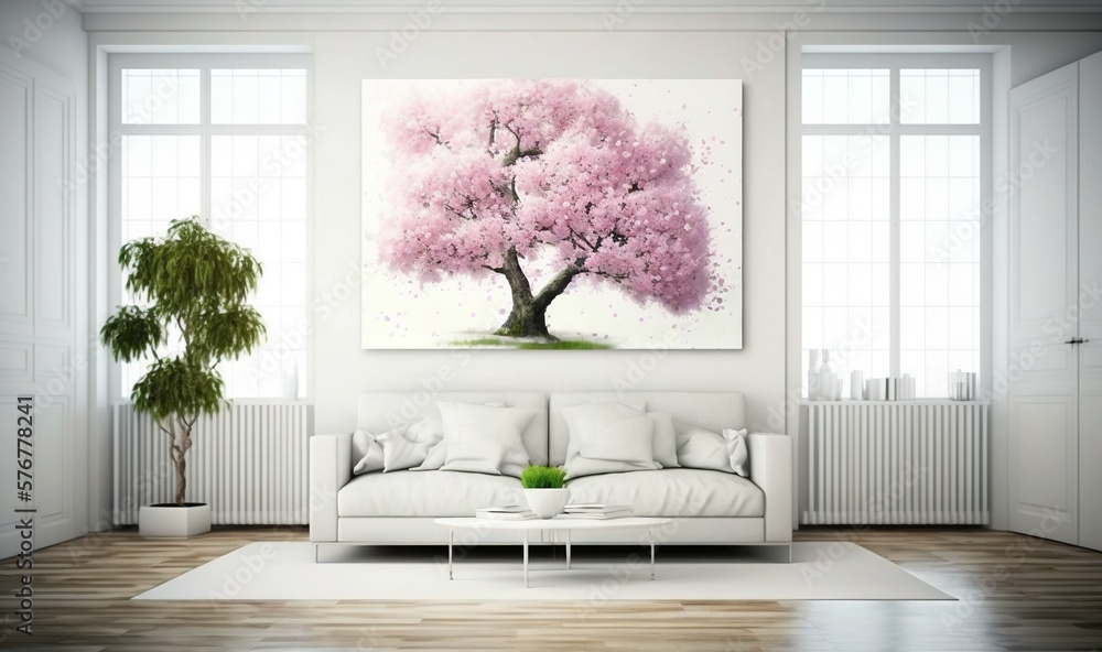  a living room with a white couch and a painting on the wall of a tree with pink flowers on it and a