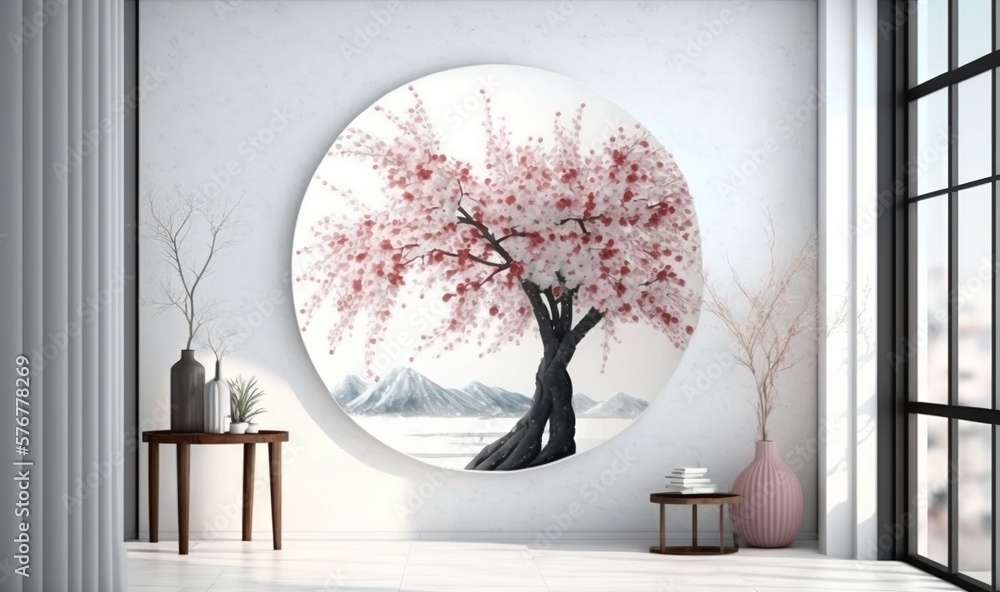  a room with a large round mirror and a painting of a tree in the middle of the room with mountains 