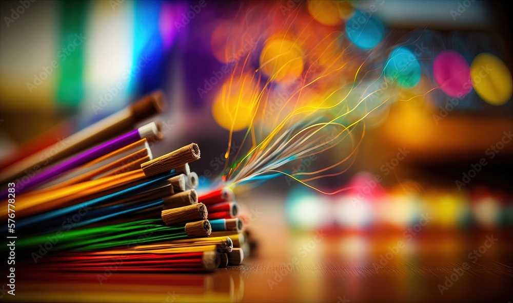  a group of colored pencils sitting on top of a wooden table next to a blurry image of a building in