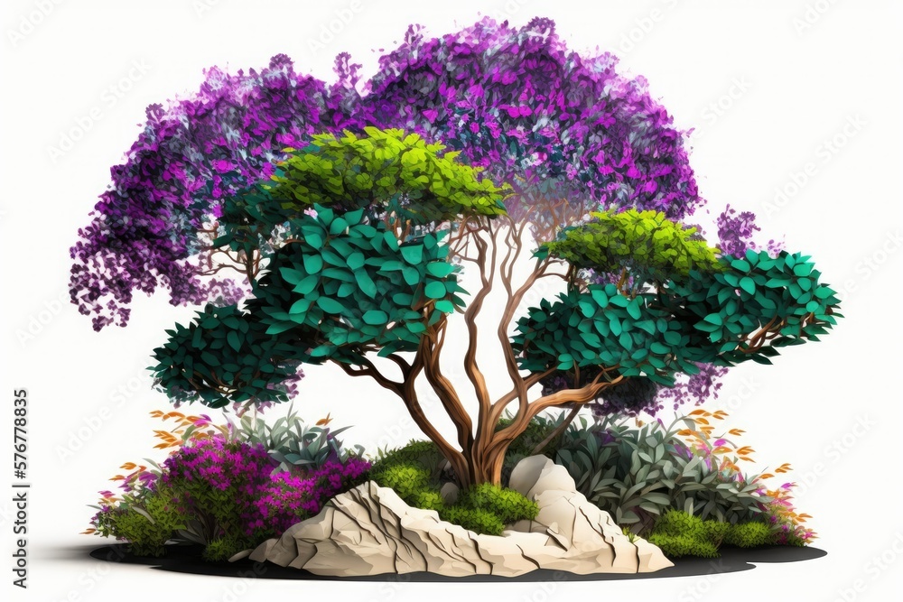 Purple Bougainvillea (paper flower) shrub with many flowers, growing in a landscape setting; the bac