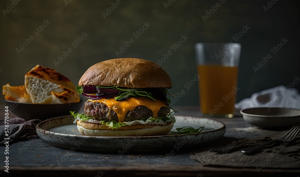  a cheeseburger on a plate next to a bowl of chips and a glass of orange juice on a table with a nap