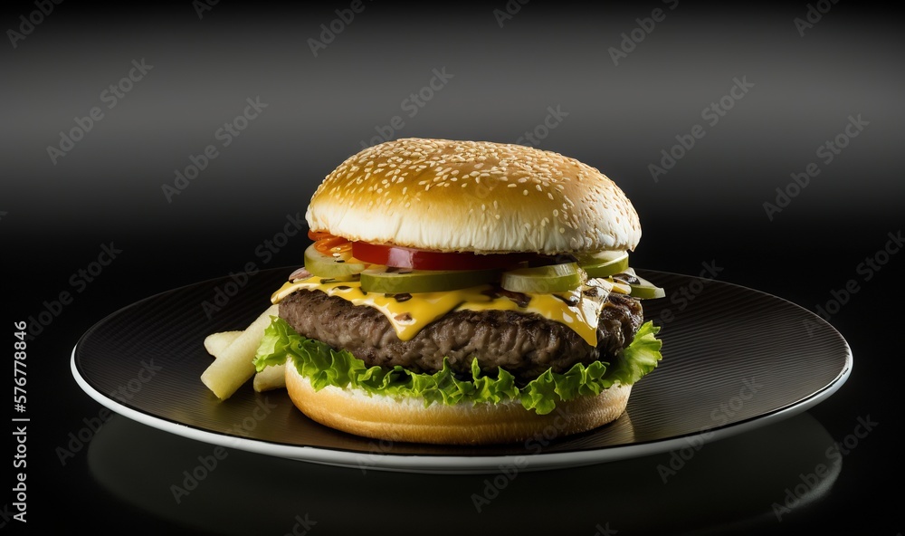  a cheeseburger with lettuce and tomato on a black plate on a black background with a black backgrou