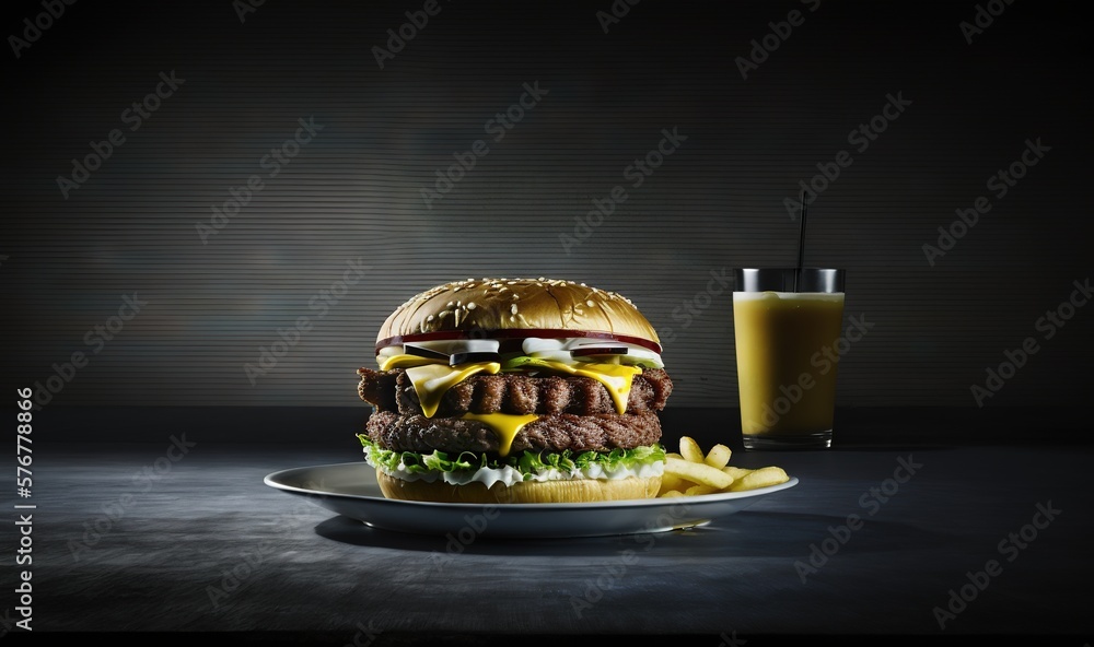  a large hamburger sitting on top of a white plate next to a glass of orange juice and a straw in a 