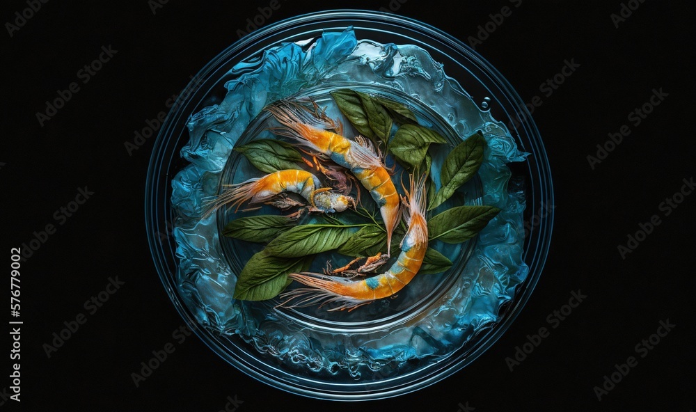  a painting of two fish in a bowl of water with leaves on the bottom of the bowl and a fish in the m