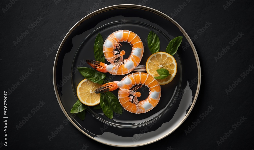  a plate of shrimp and lemon slices on a black tablecloth with a black background with a silver rim 