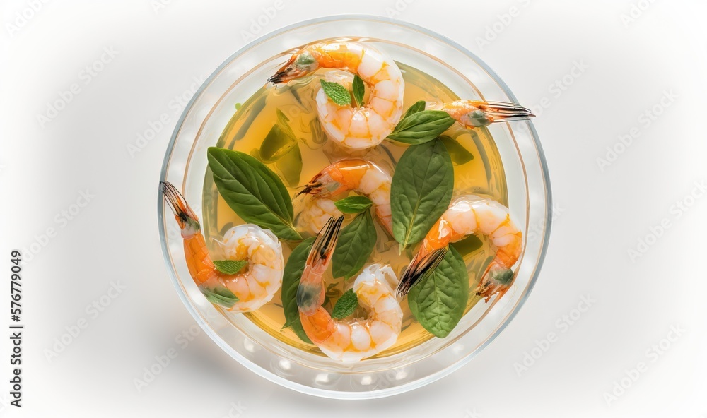  a glass bowl filled with green and orange food and garnished with shrimp and basil leaves, with a w