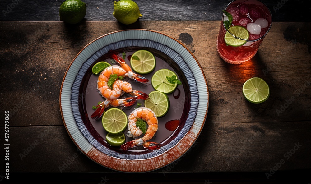  a plate of shrimp and limes with a glass of water and limes on a table with limes and a glass of wa