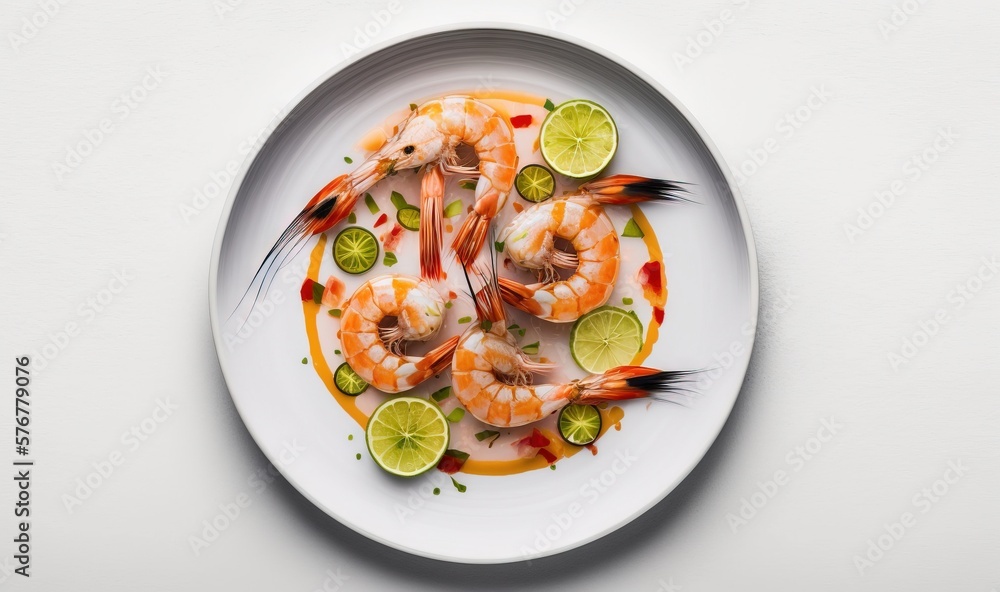  a white plate topped with shrimp and limes next to a fork and a lime wedge on top of a white plate 