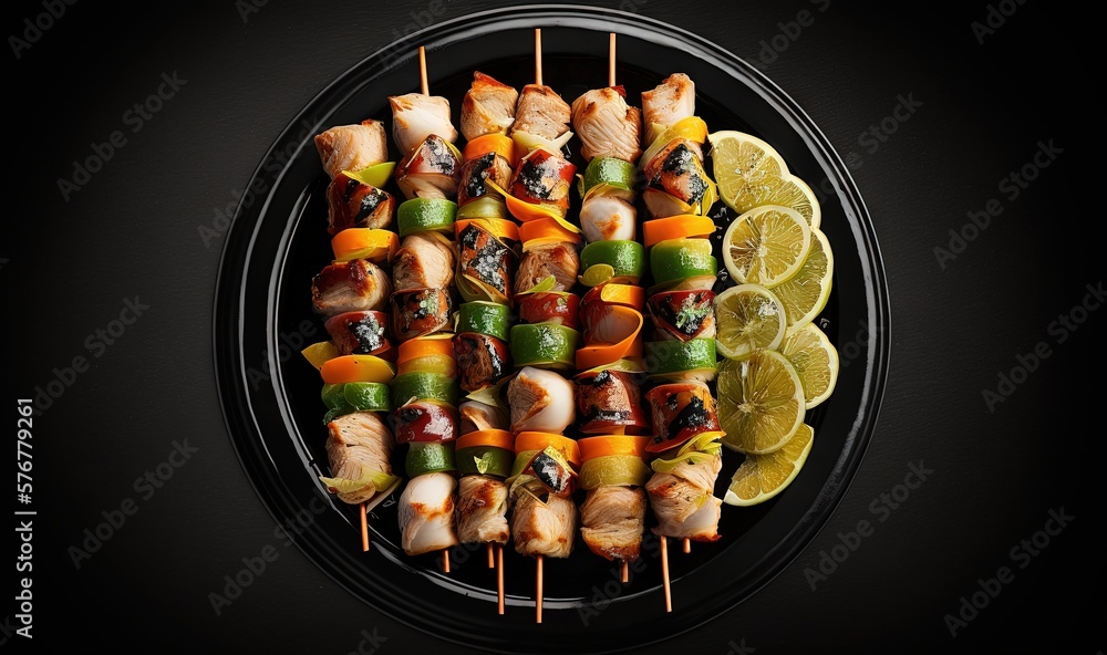  a plate of food with skewers of meat and vegetables on skewers with lemon wedges and a wedge of lim