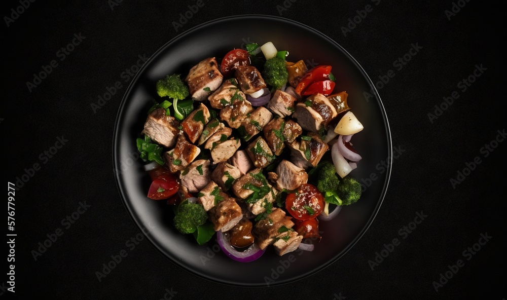  a plate of food with meat, broccoli, onions, and tomatoes on a black surface with a black backgroun