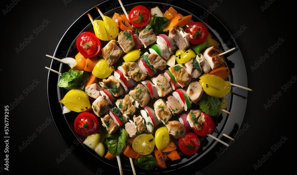  a plate of skewered vegetables and meat on skewers on a black plate on a black tablecloth with a bl