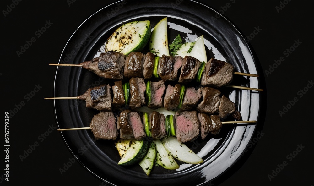  a plate of meat and vegetables on skewers on a black plate with a black rim around the edges of the