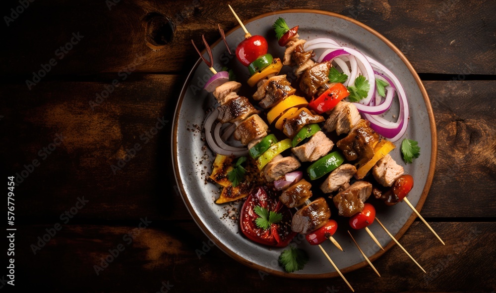  a plate of meat and vegetables on skewers with onions and peppers on a wooden table with a wooden t